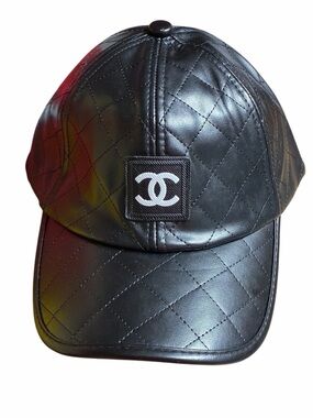 Double CC Designer Quilted Faux Leather Baseball Hat Cap Black